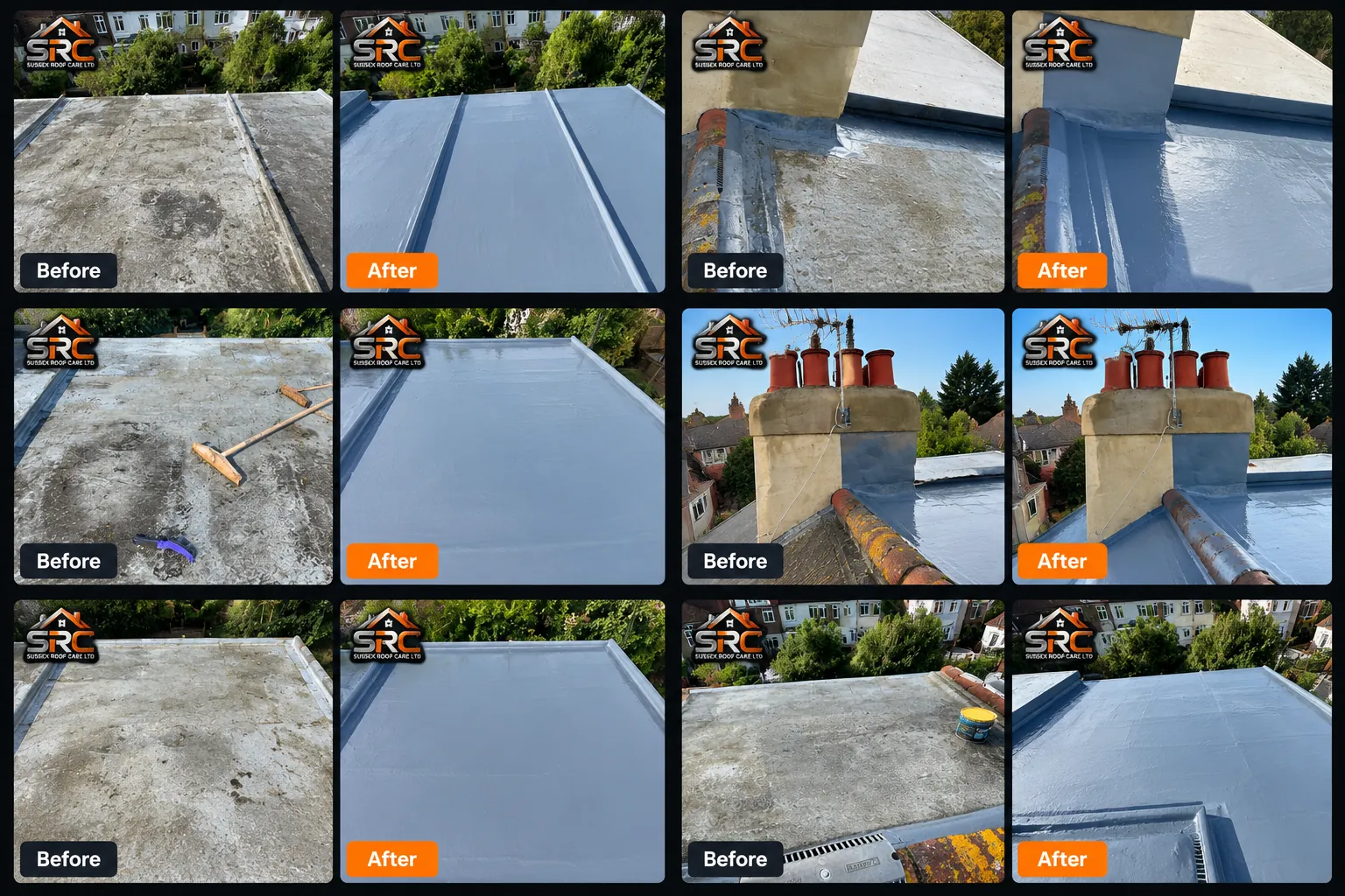 Before and after flat-roof refurbishment work completed by members of the Sussex Roof Care roofing team